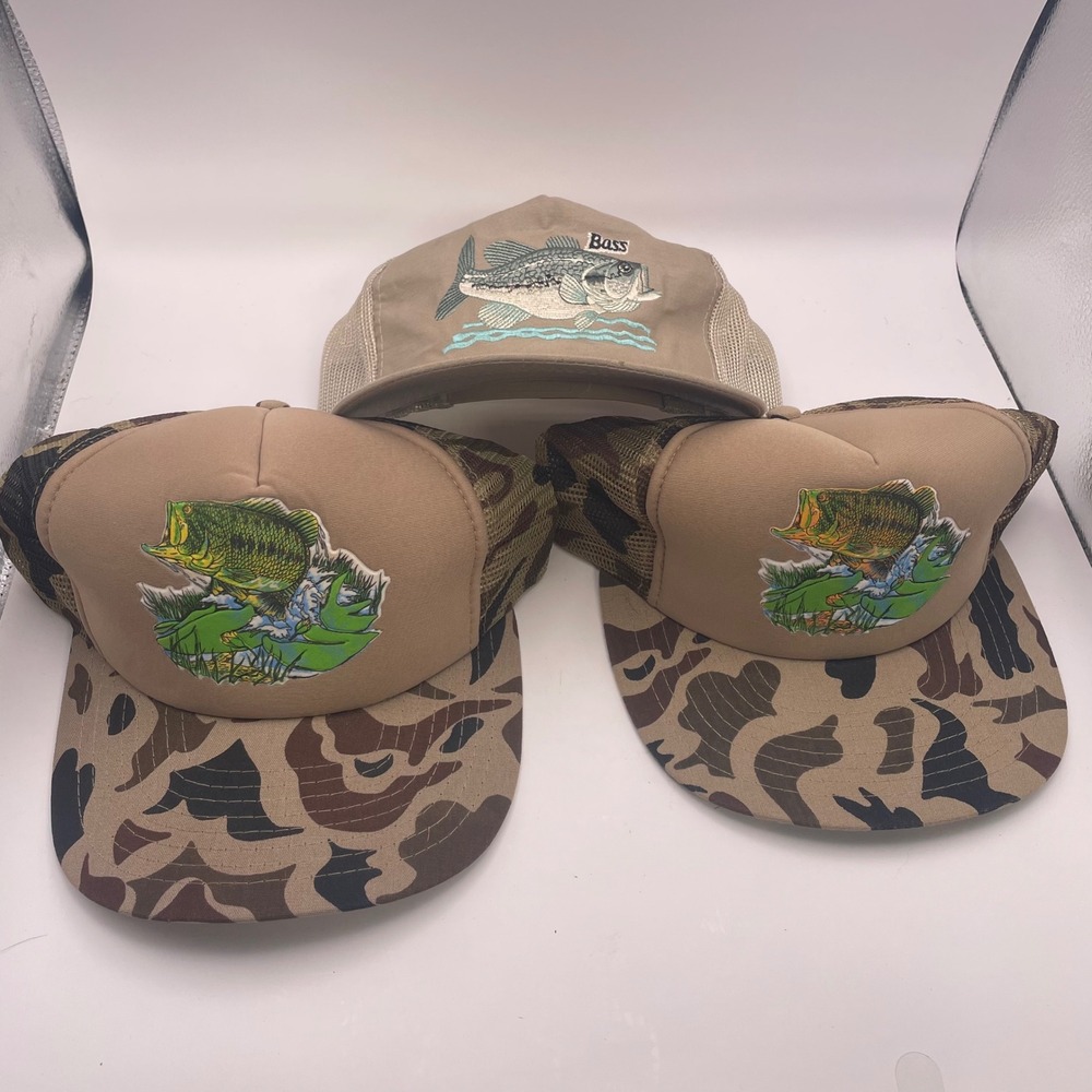 Vintage Bass Fishing Trucker Hat Bundle Camo Tan Snapback Mesh 3pc Set